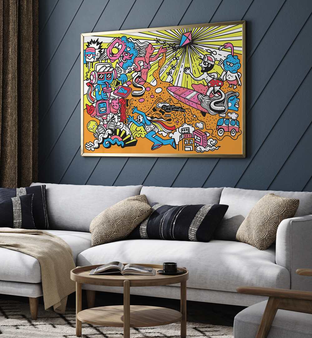 Wacky World Comic Art Artwork in Oak Wood Plain Frame Placed on a Textured Blue Wall Behind White Sofa in the Living Room 