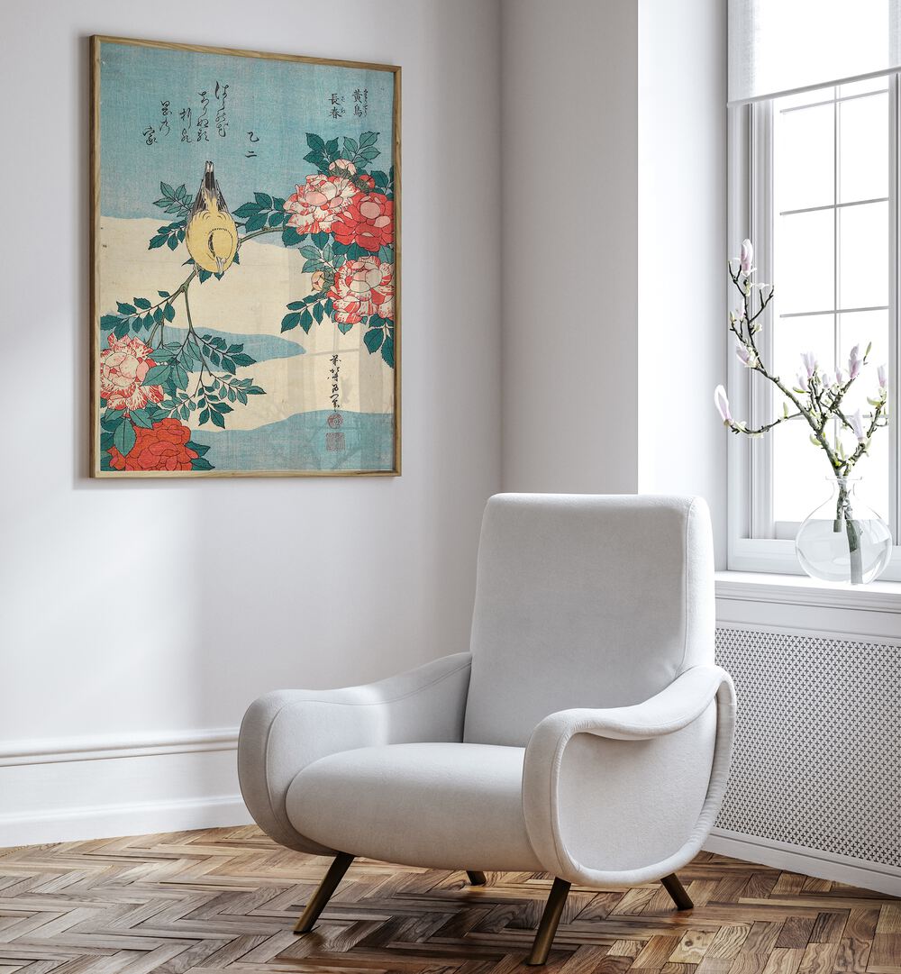 WARBLER AND ROSES , VINTAGE PAINTINGS