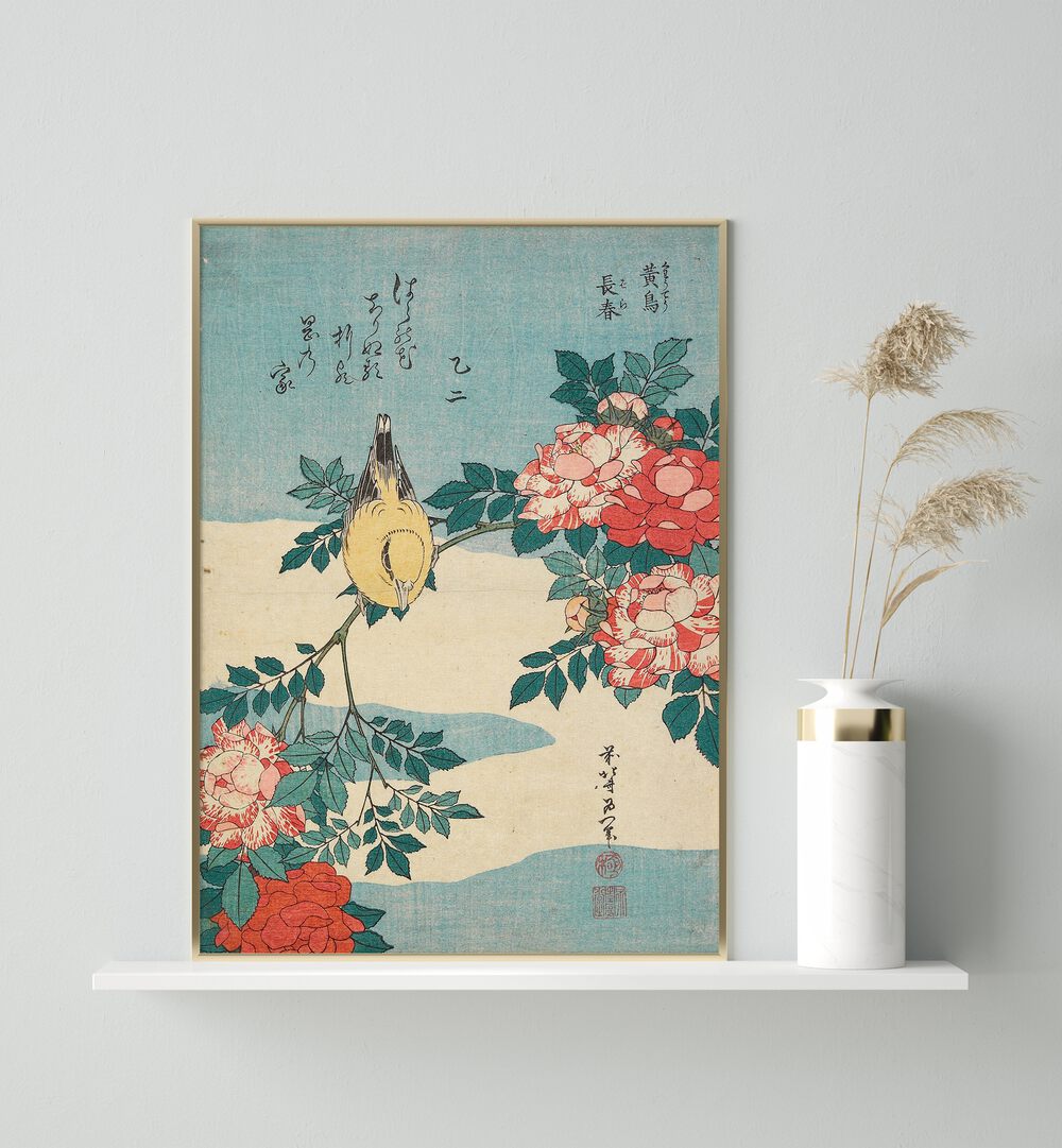 WARBLER AND ROSES , VINTAGE PAINTINGS
