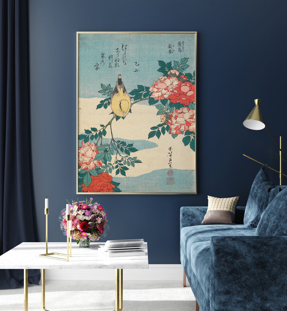 WARBLER AND ROSES , VINTAGE PAINTINGS