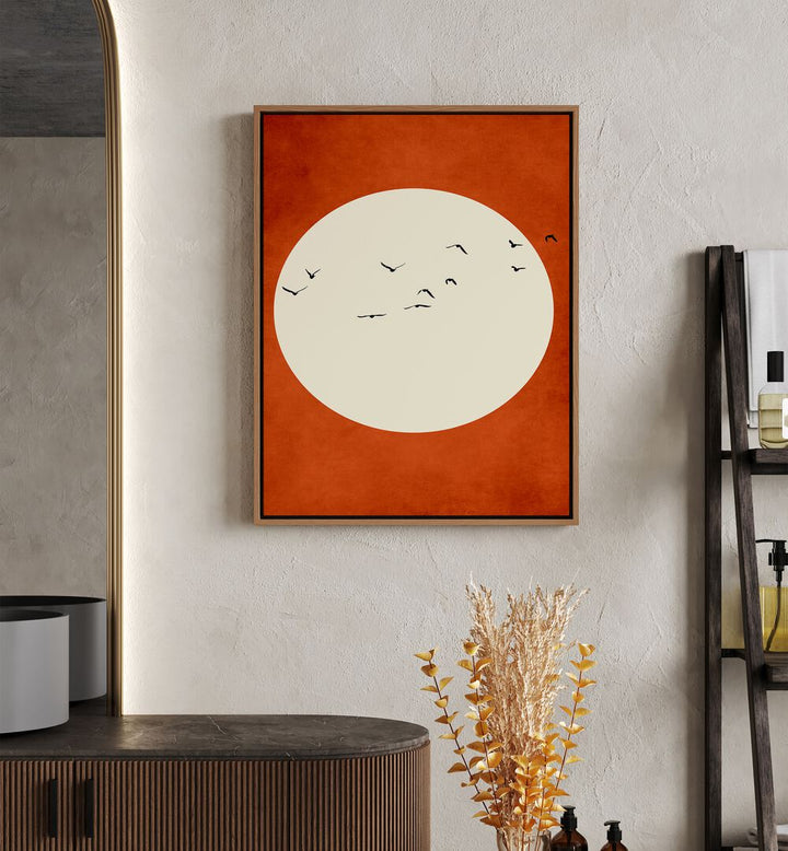 Warming Feelings Landscape Art Artwork in Oak Wood Floater Frame Placed on a Cream Colored Textured Wall near a Dark Wood Console Table