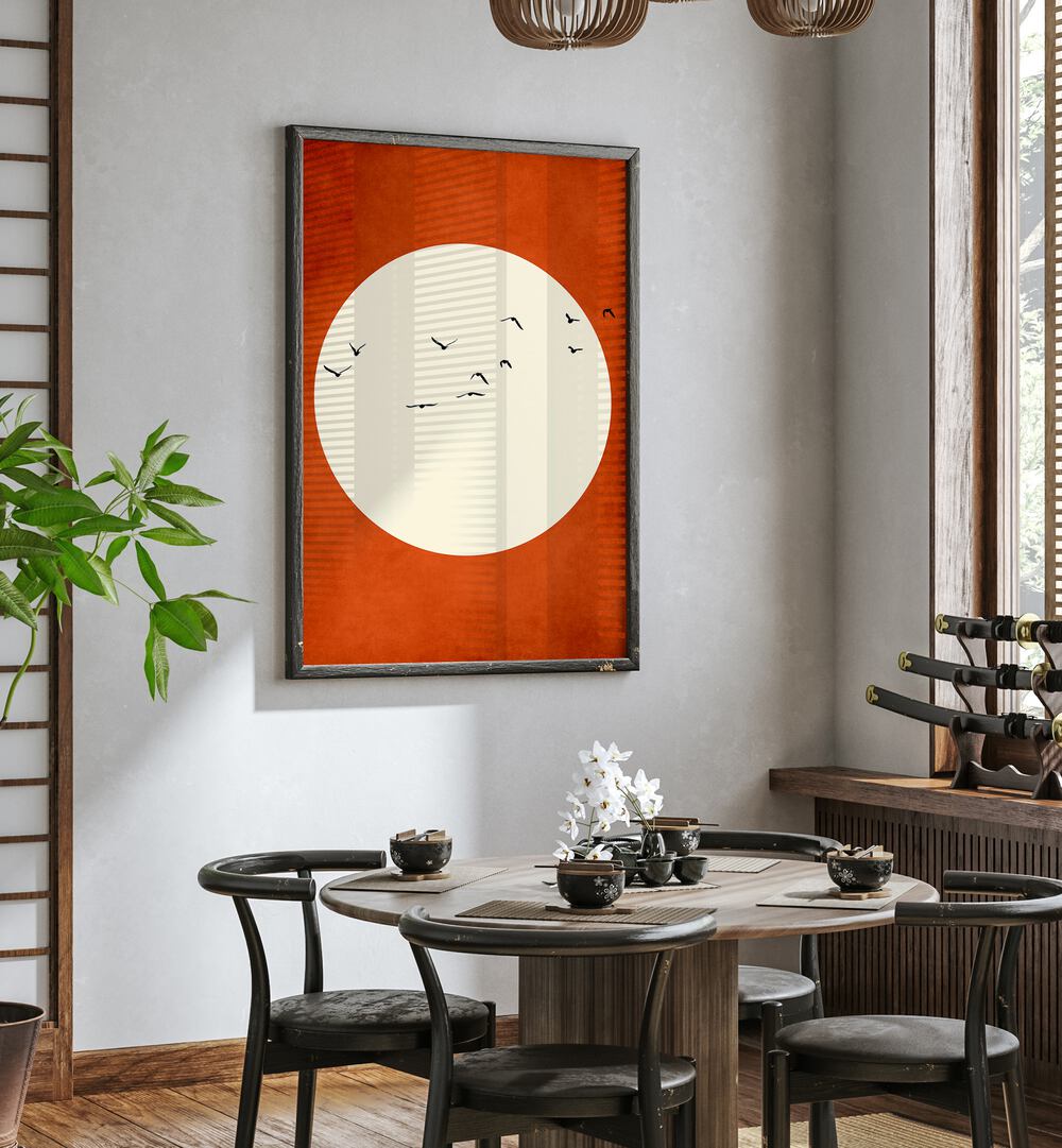 Warming Feelings Landscape Art Artwork in Black Plain Frame Placed on a White Wall next to a Wooden Dinning Table in the Dinning Room