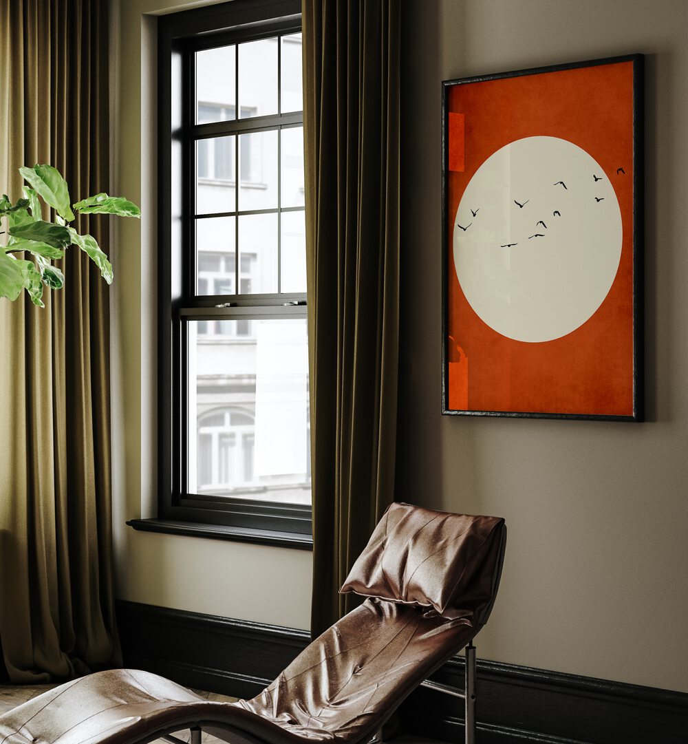 Warming Feelings Landscape Art Artwork in Black Plain Frame Placed on a Light Brown Wall in the Drawing Room