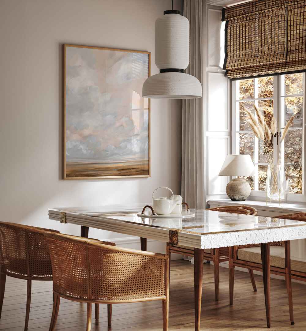 Cozy dining space featuring WARM OCTOBER, ABSTRACT PAINTINGS, perfect for autumn-inspired decor.