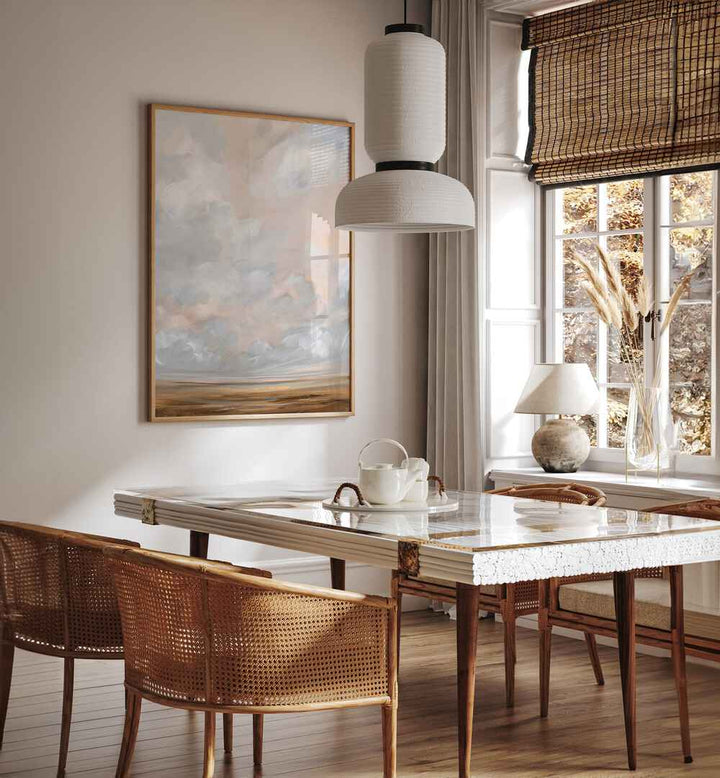 Cozy dining space featuring WARM OCTOBER, ABSTRACT PAINTINGS, perfect for autumn-inspired decor.