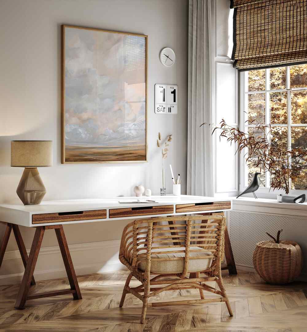 Stylish workspace featuring WARM OCTOBER, ABSTRACT PAINTINGS, enhancing cozy autumn vibes in your home decor.
