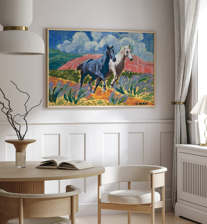 Vibrant scene of two horses running, showcasing the beauty of WATCH THEM RIDE, ANIMAL PAINTINGS in your home decor.