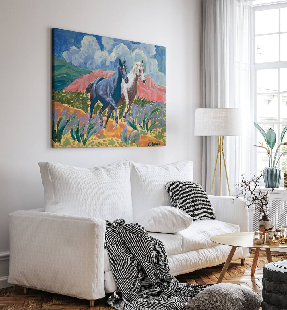 Vibrant horses in motion adorn your wall with WATCH THEM RIDE, ANIMAL PAINTINGS, adding life to any space.