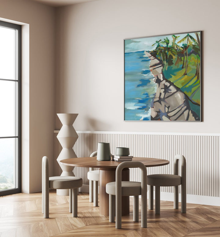 Stylish dining area featuring WATER II, LANDSCAPE PAINTINGS, enhancing serenity with abstract beauty.