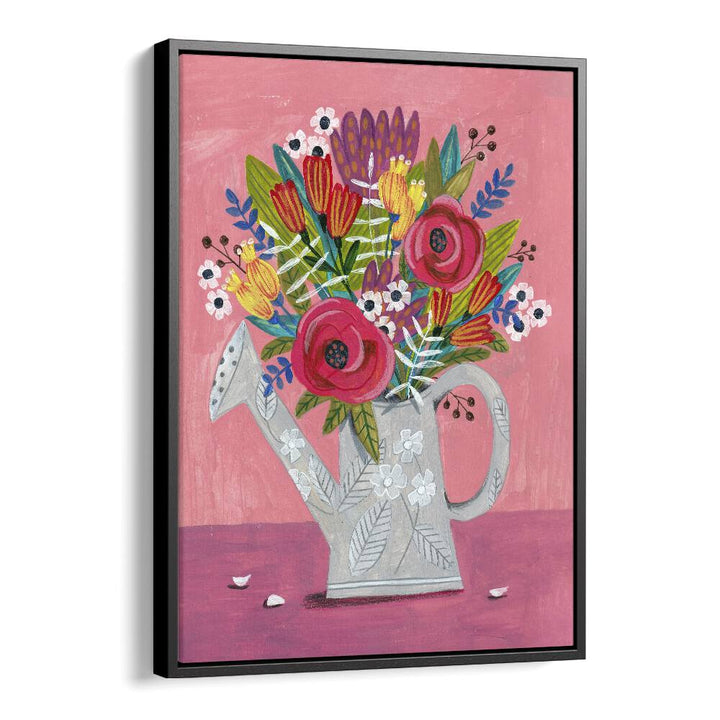 Watering Can With FlowersBotanical Flower Paintings Artwork  in Black Floater Frame