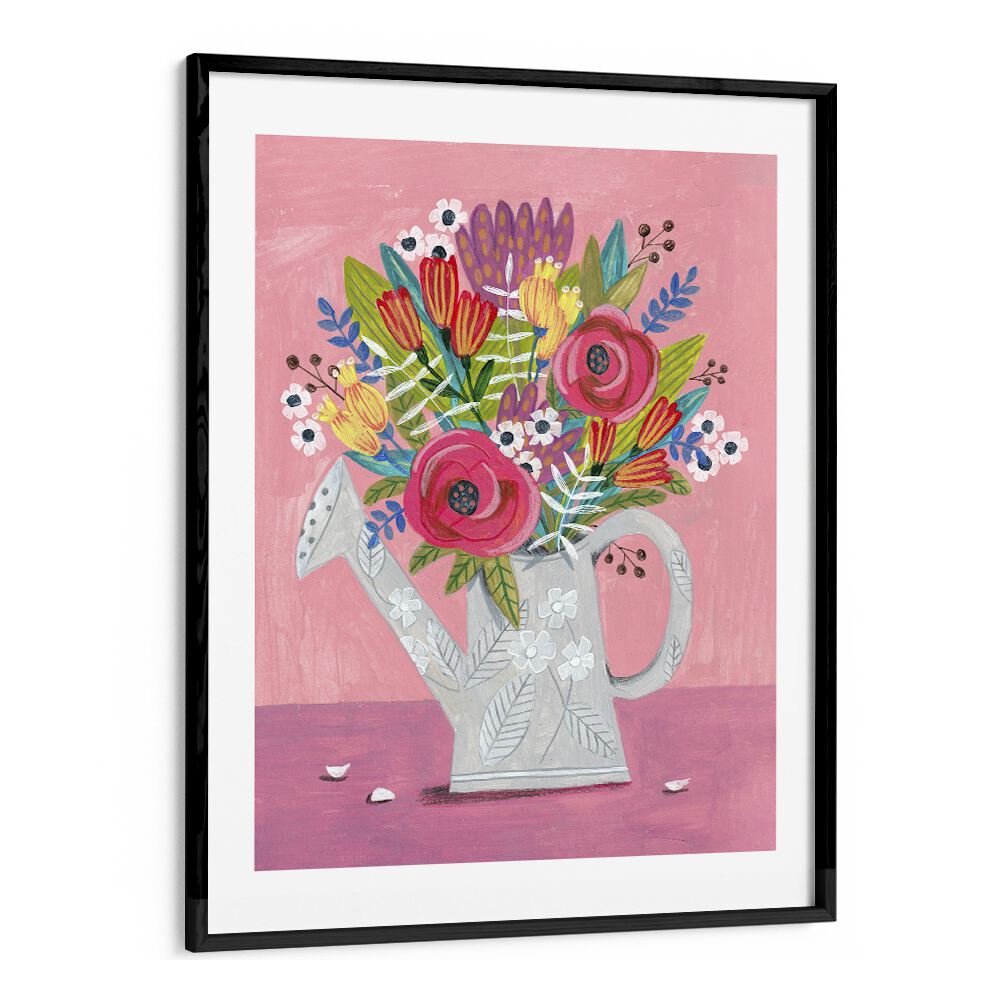 Watering Can With Flowers Botanical Flower Paintings Artwork  in Black Frame With Mount