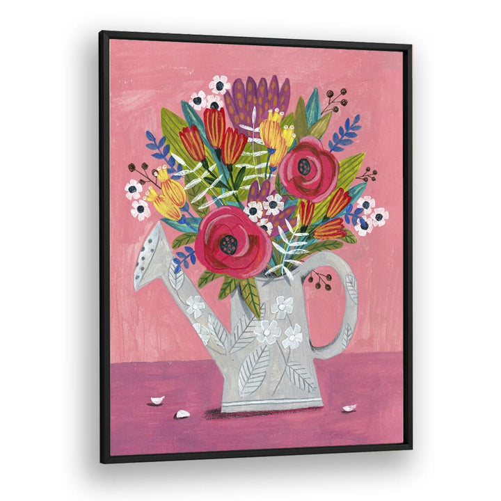 Watering Can With Flowers Botanical Flower Paintings Artwork  in Black Plain Frame