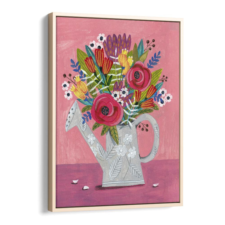 Watering Can With Flowers Botanical Flower Paintings Artwork in Oak Wood Floater Frame