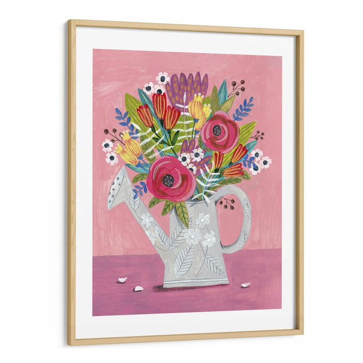 Watering Can With Flowers Botanical Flower Paintings Artwork in Oak Wood Frame With Mount