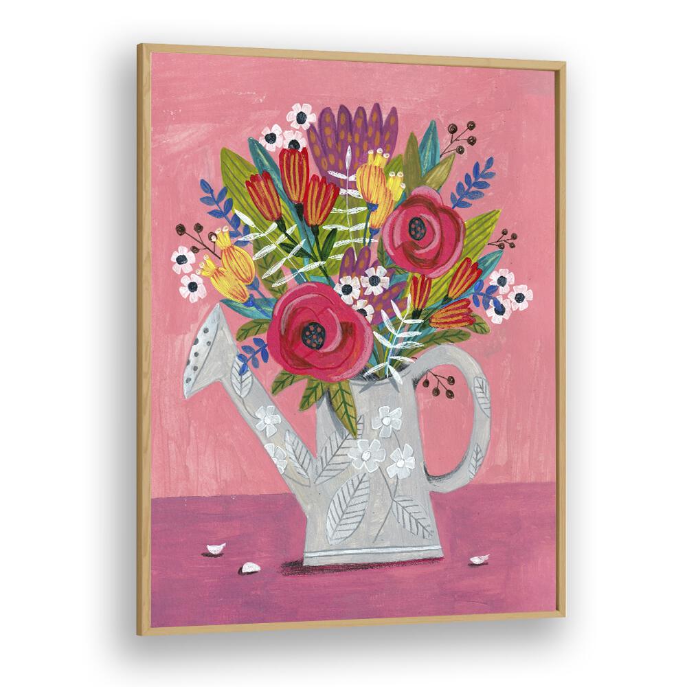 Watering Can With Flowers Botanical Flower Paintings Artwork in Oak Wood Plain Frame