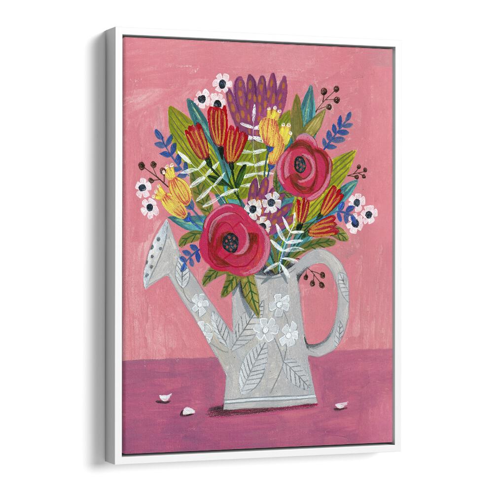 Watering Can With Flowers Botanical Flower Paintings Artwork  in White Floater Frame