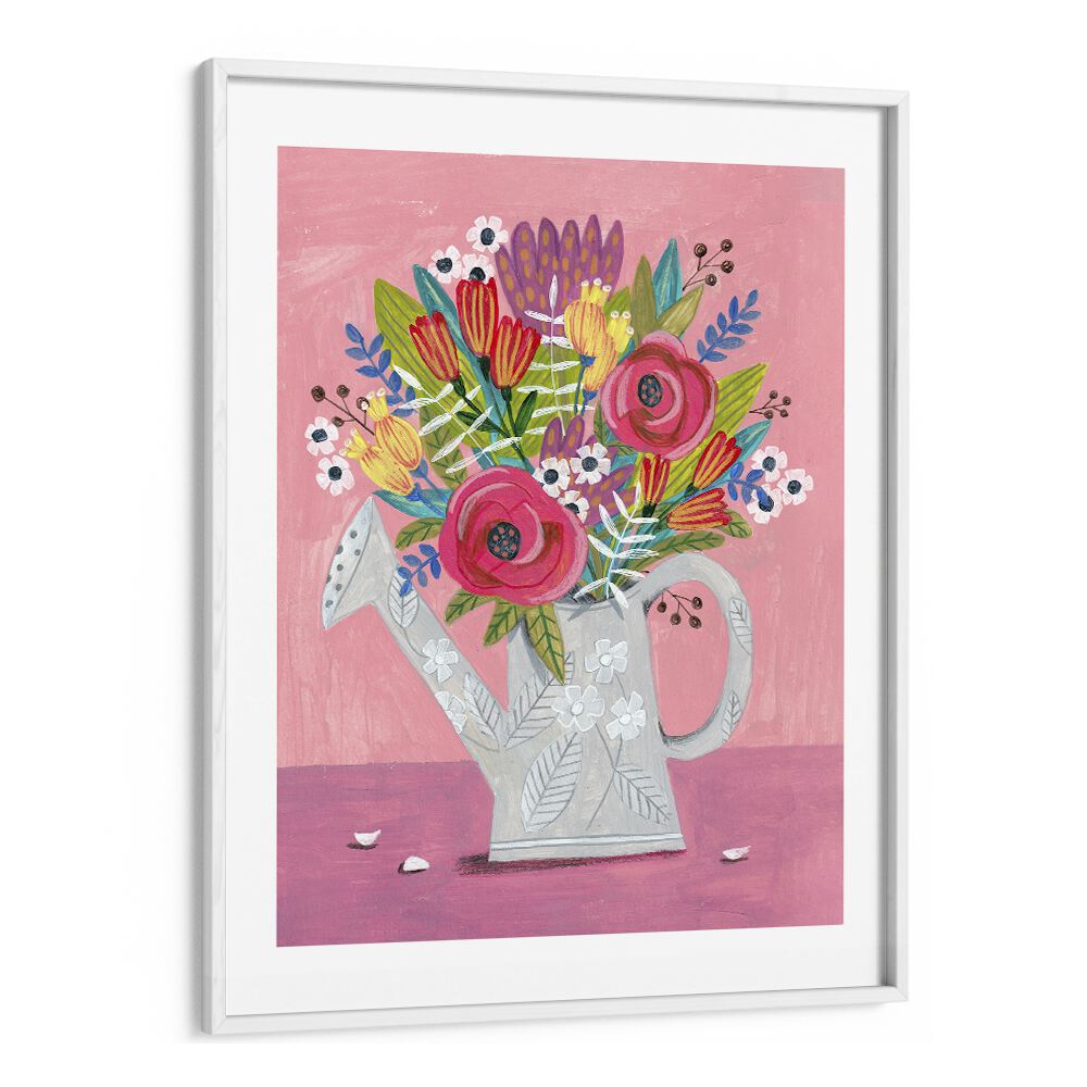 Watering Can With Flowers Botanical Flower Paintings Artwork  in White frame With Mount