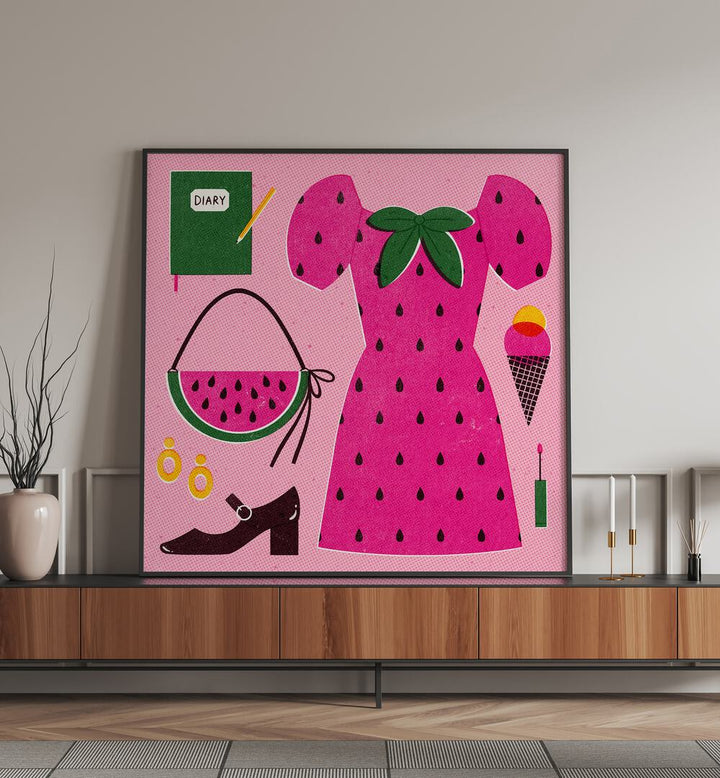 Watermelon By Julia Leister Fashion Art Painting Artwork plain black frame on a console table beside a candle stand