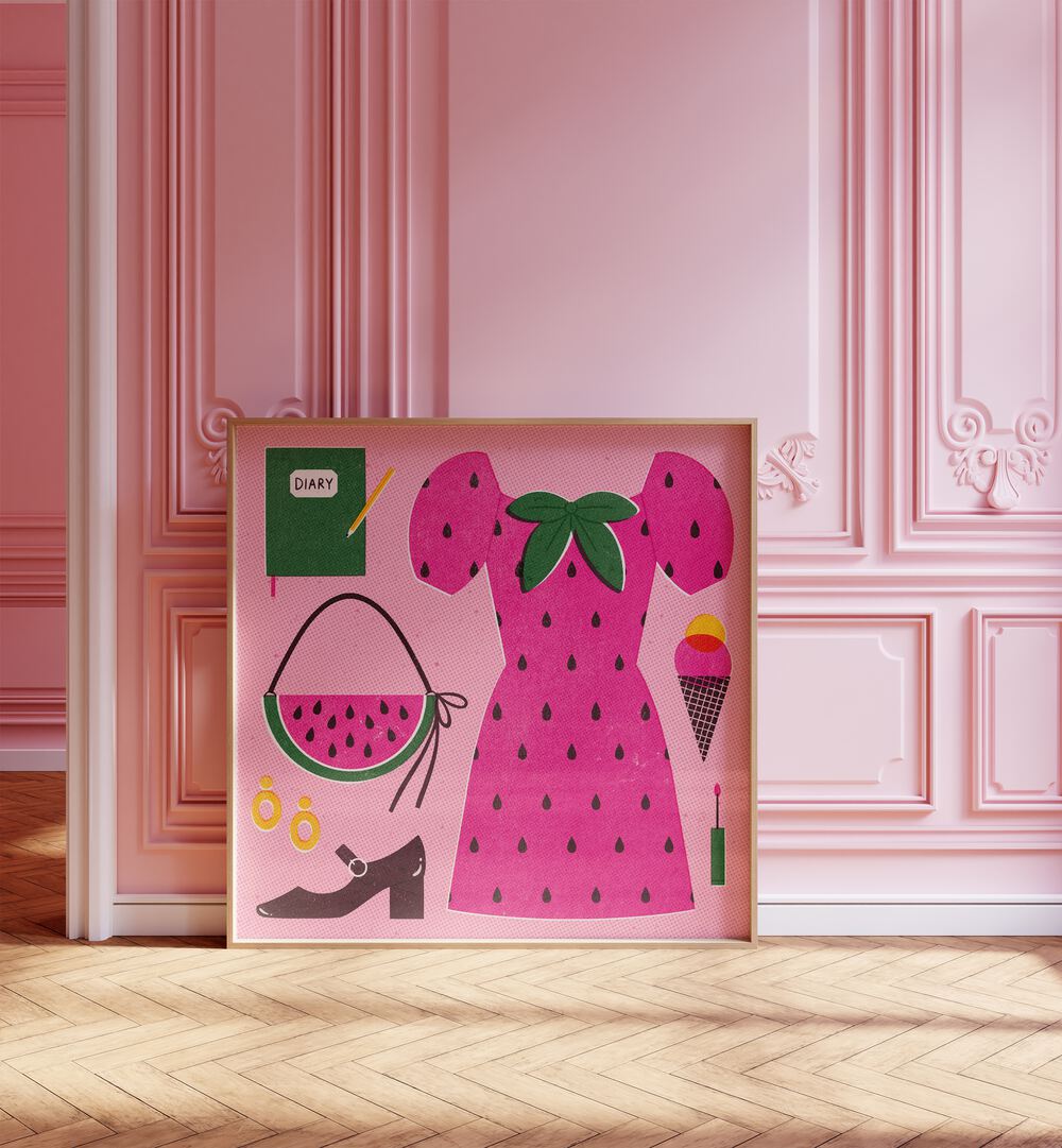 Watermelon By Julia Leister Fashion Art Painting Artwork in plain oakwood frame on a wooden floor beside a window