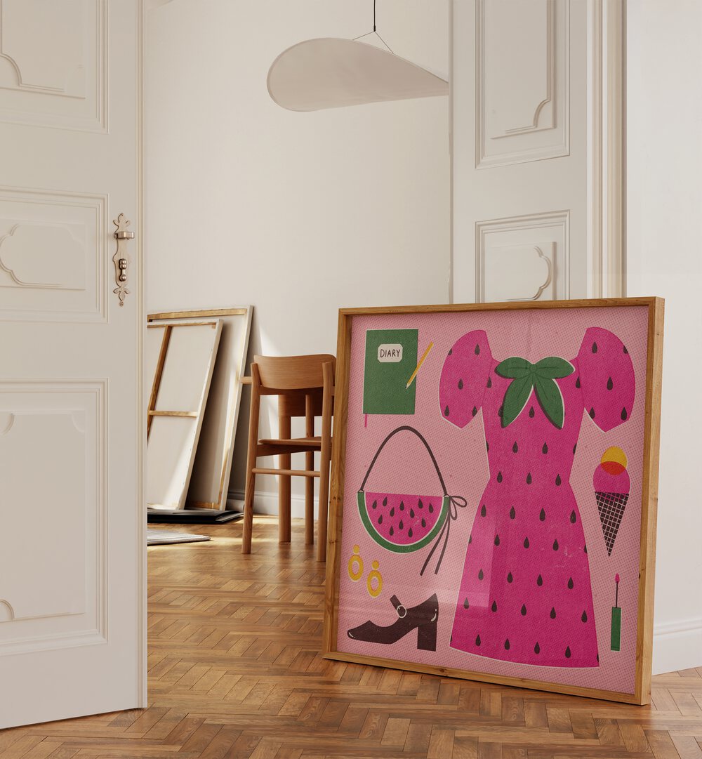 Watermelon By Julia Leister Fashion Art Painting Artwork in plain oakwood frame on a a wooden floor beside a white door