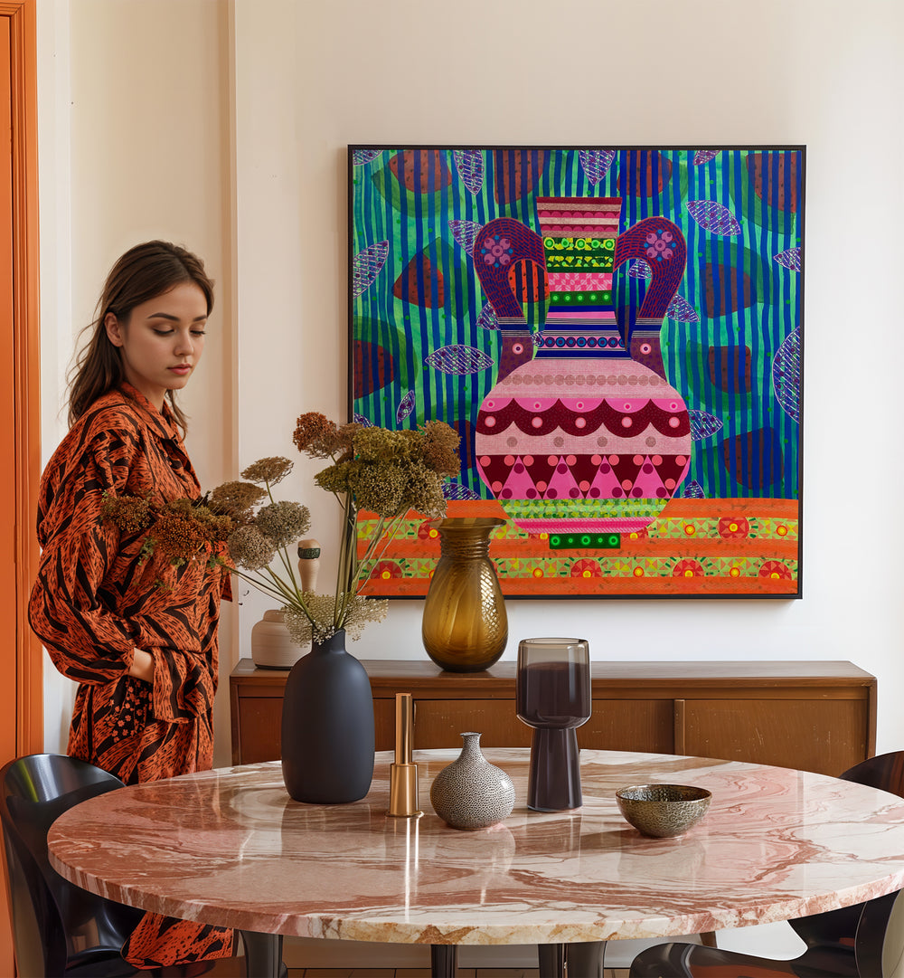 Vibrant WATERMELON AND VASE, POP ART PAINTINGS enhancing a modern living space with artistic flair. Perfect for conversation!
