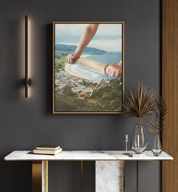 Waves Roller Surreal Art Painting Artwork in oakwood floater frame above console table on a grey wall