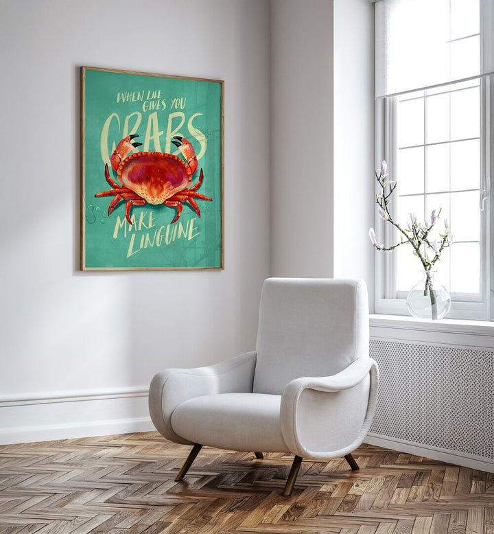 Whimsical artwork featuring a crab and the phrase "WHEN LIFE GIVES YOU CRABS , BAR" perfect for your café decor.