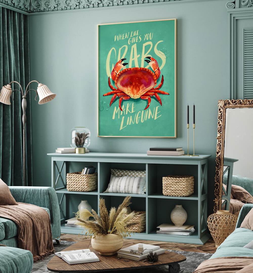 Whimsical art piece featuring a crab and the phrase "WHEN LIFE GIVES YOU CRABS , BAR" adds charm to any space.