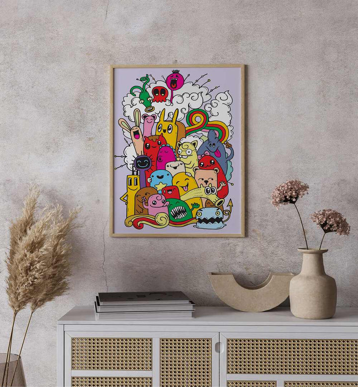 Whimsical Laughter Comic Art Artwork Placed on a Cream Textured Wall Near a White and Oakwood Console Table