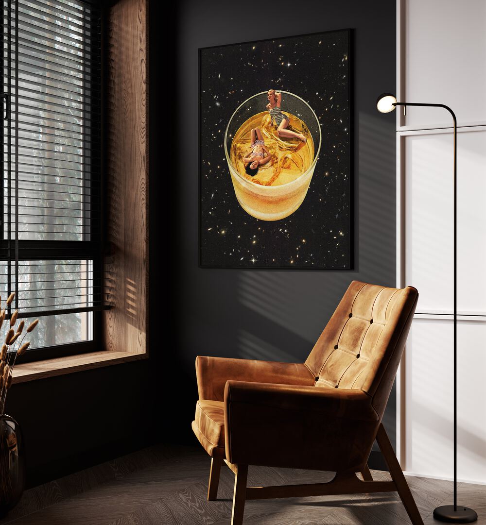 Whisky Besties - On The Rocks Surreal Art Painting Artwork in plain black frame beside a window on a grey