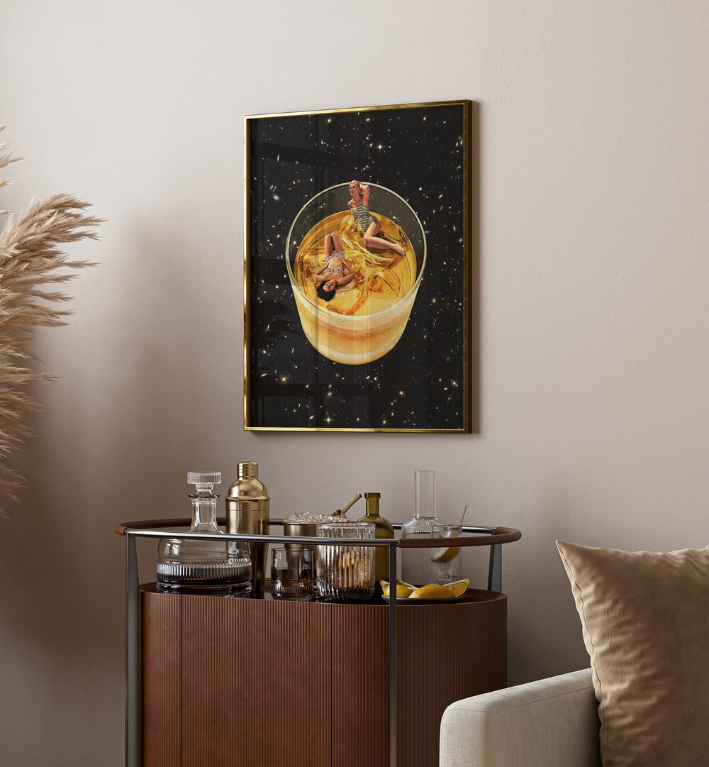 Whisky Besties - On The Rocks Surreal Art Painting Artwork in plain golden frame above a table beside a sofa