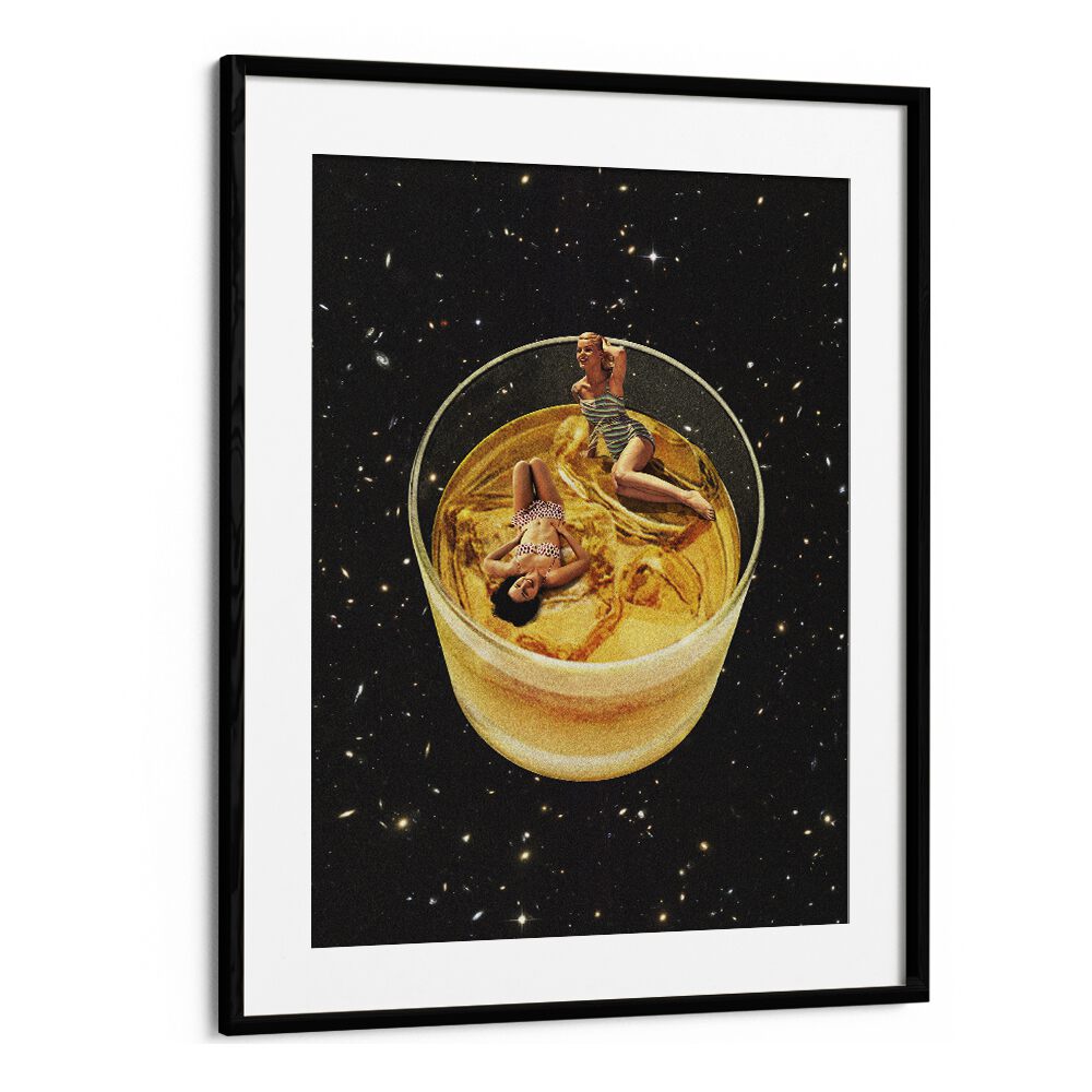 Whisky Besties - On The Rocks Surreal Painting  Artwork in Black Frame With Mount