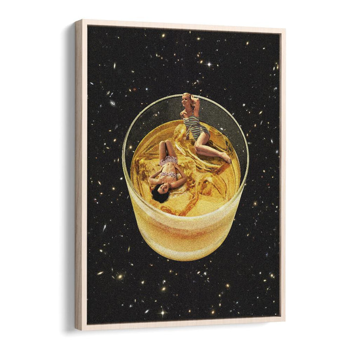 Whisky Besties - On The Rocks Surreal Painting  Artwork in Oak Wood Floater Frame