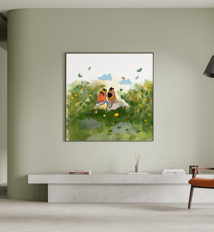 Whispers In The Garden By Shreya Roy Chowdary, Indian Art Paintings Artwork in Black Plain Frame
placed on a Sage Green Colored Wall
placed above a Console Table
in the Drawing Room
