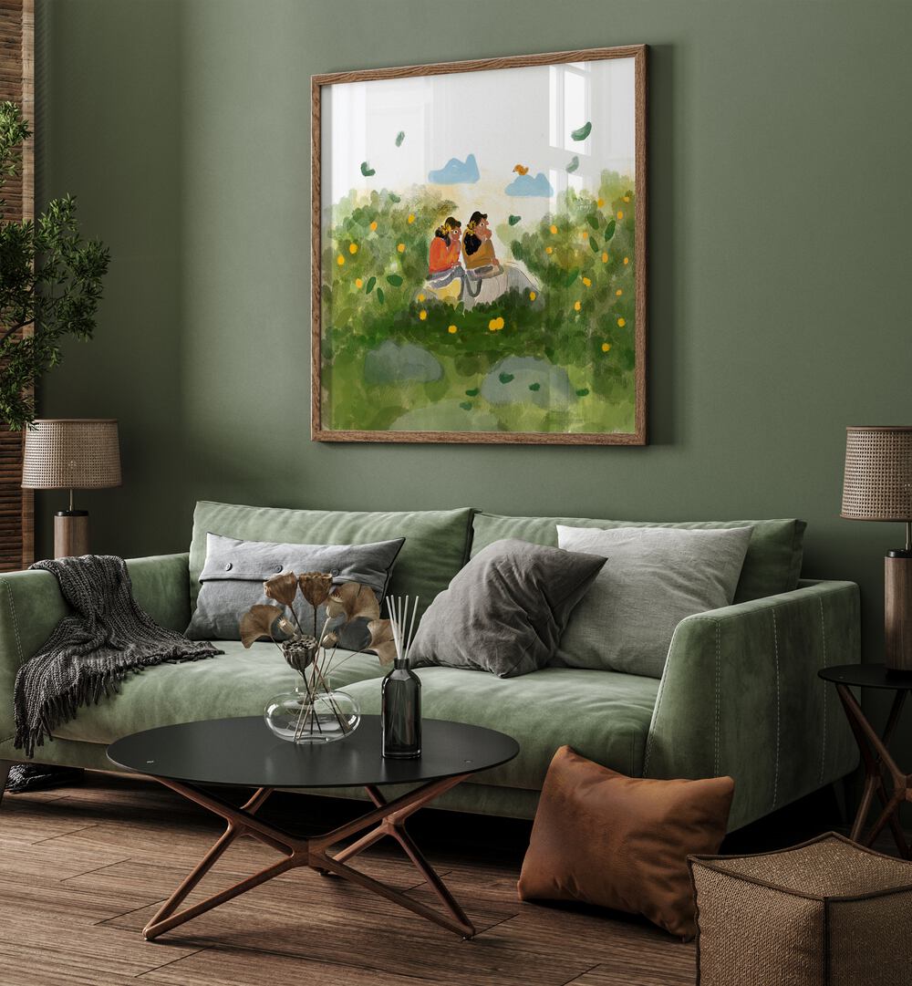 Whispers In The Garden By Shreya Roy Chowdary, Indian Art Paintings Artwork in Oak Wood Plain Frame
placed on a Green Colored Wall
near a Green Sofa
in the Living Room
