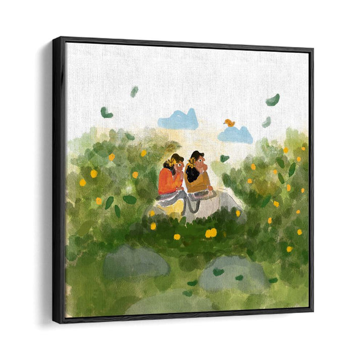 Whispers In The Garden By Shreya Roy Chowdary, Indian Art Paintings Artwork in Black Floater Frame
