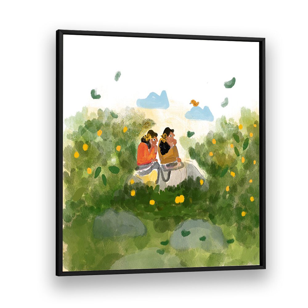 Whispers In The Garden By Shreya Roy Chowdary, Indian Art Paintings Artwork in Black Plain Frame
