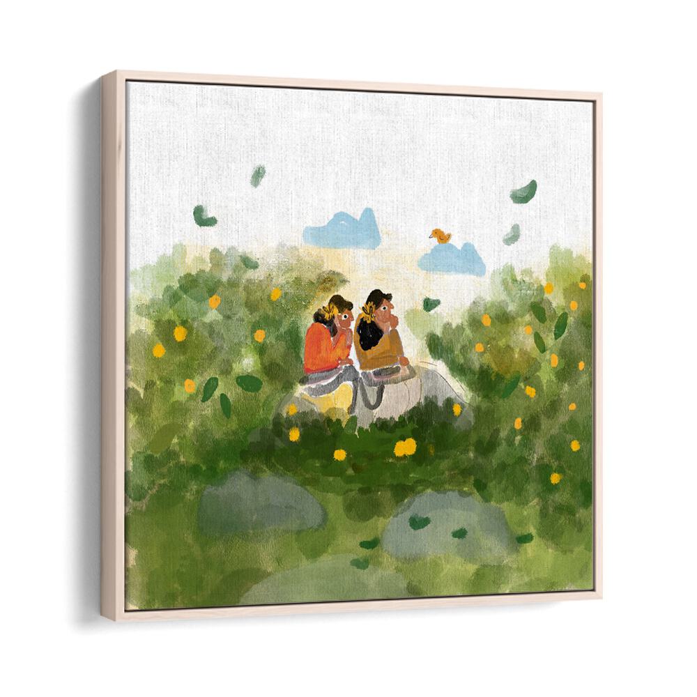 Whispers In The Garden By Shreya Roy Chowdary, Indian Art Paintings Artwork in Oak Wood Floater Frame
