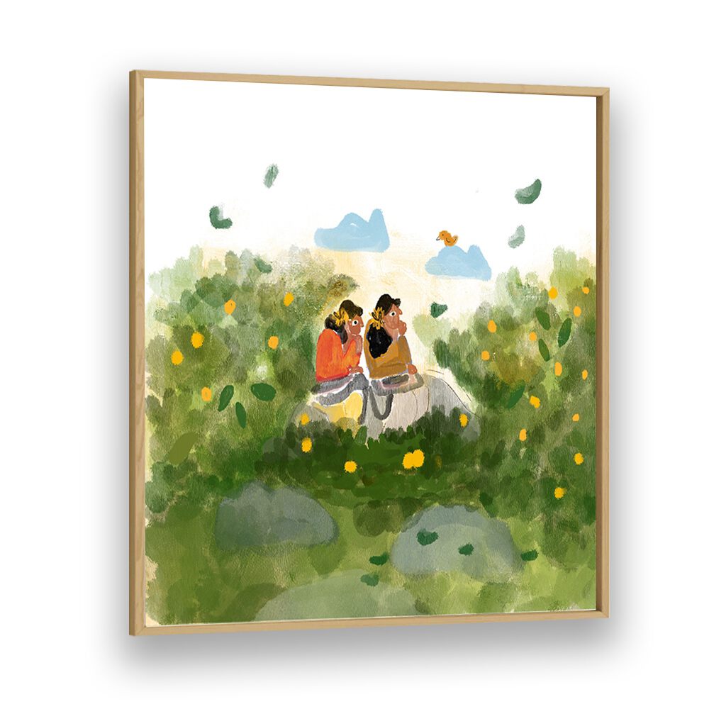 Whispers In The Garden By Shreya Roy Chowdary, Indian Art Paintings Artwork in Oak Wood Plain Frame
