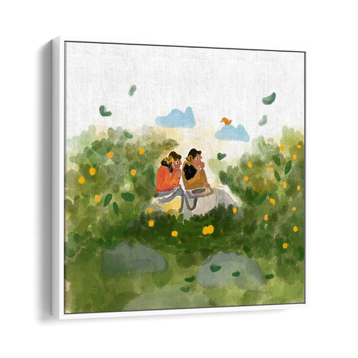 Whispers In The Garden By Shreya Roy Chowdary, Indian Art Paintings Artwork in White Floater Frame
