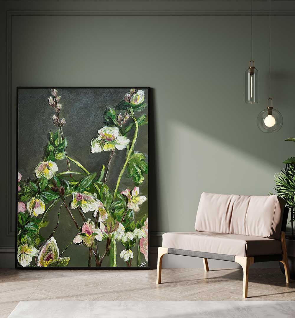 WHITE AND PINK FLORAL PAINTING , FLORAL FLOWER PAINTINGS