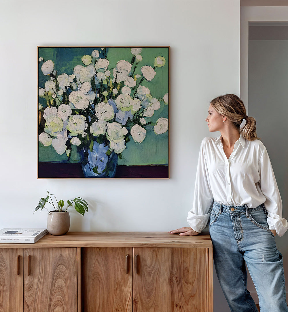WHITE BLOOMS BLUE VASE