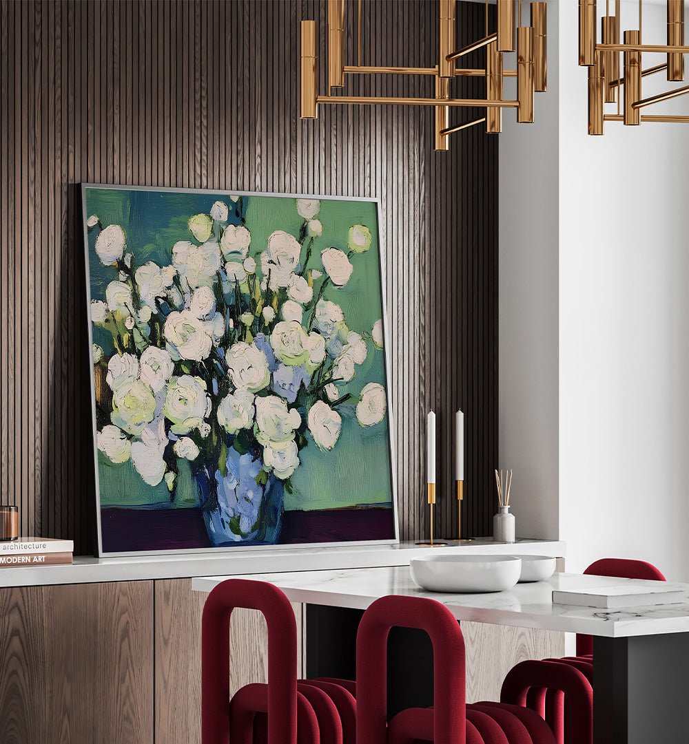 WHITE BLOOMS BLUE VASE