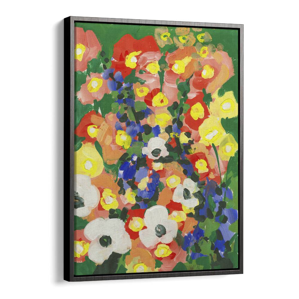 White Flower With Blue Bells By Ania Zwara Botanical Flower Paintings Artwork  in Black Floater Frame