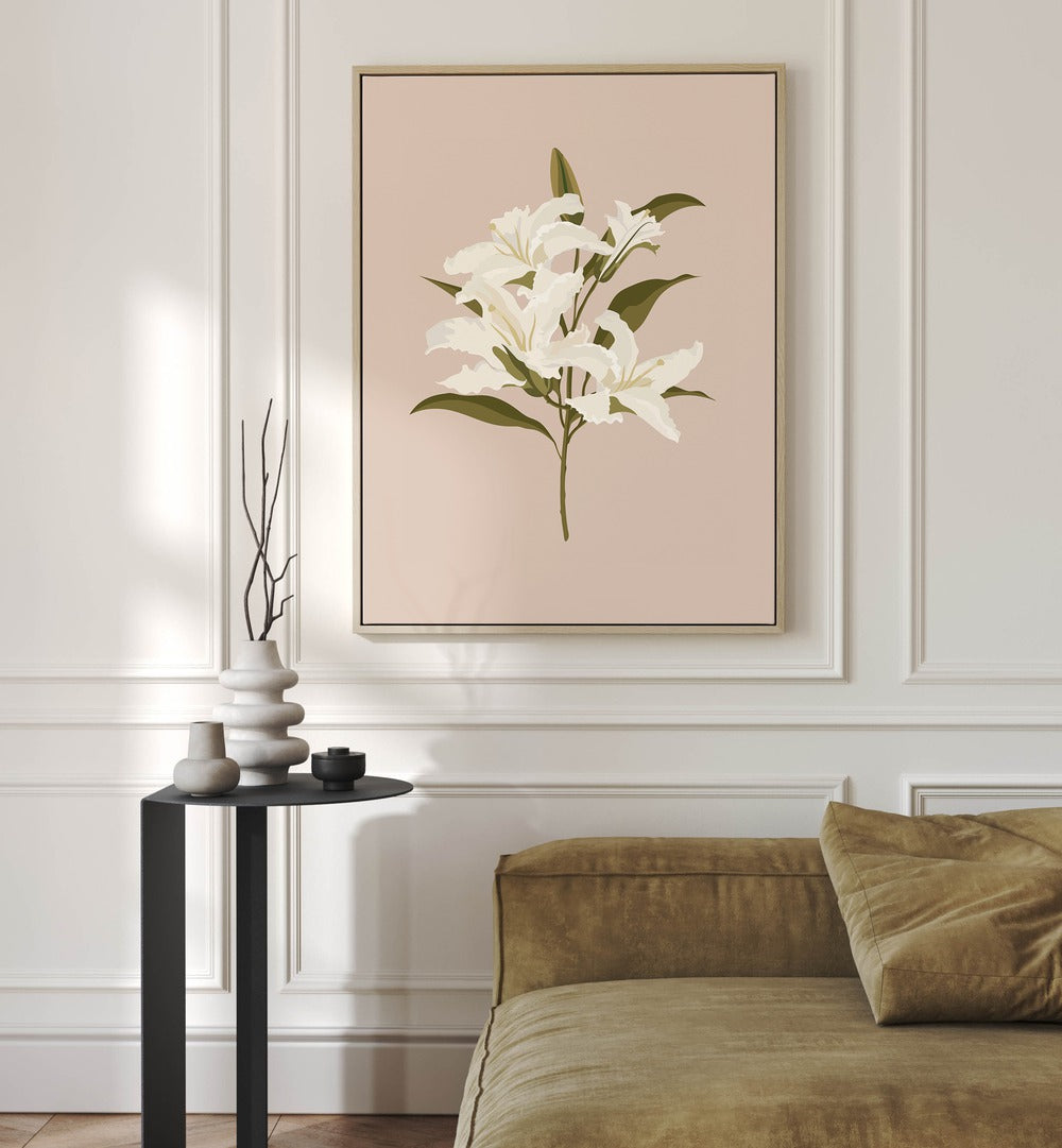 White Lilies I Botanical Flower Paintings Artwork Placed on a wall