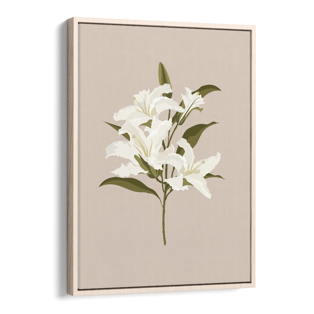 White Lilies I Botanical Flower Paintings Artwork in Oak Wood Floater Frame