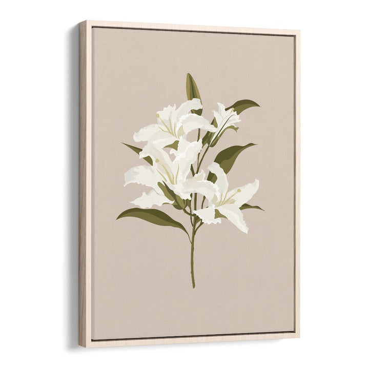 White Lilies I Botanical Flower Paintings Artwork in Oak Wood Floater Frame