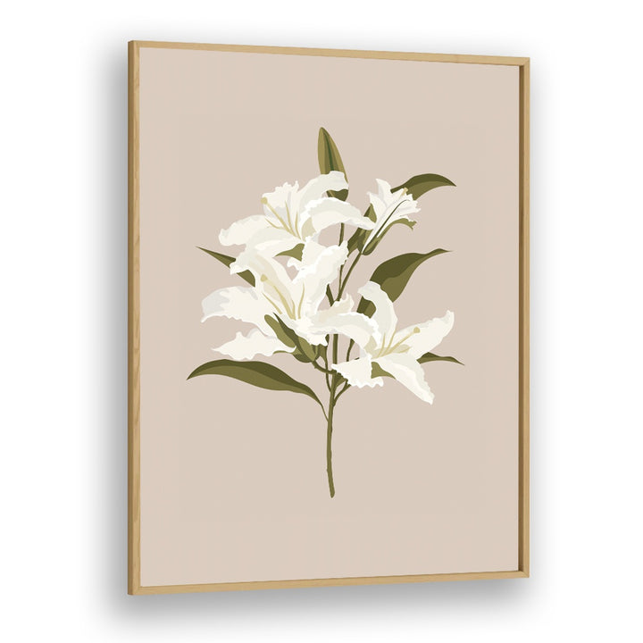 White Lilies I Botanical Flower Paintings Artwork in Oak Wood Plain Frame