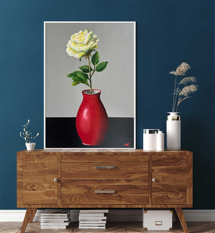 WHITE ROSE IN A RED VASE , FLORAL FLOWER PAINTINGS