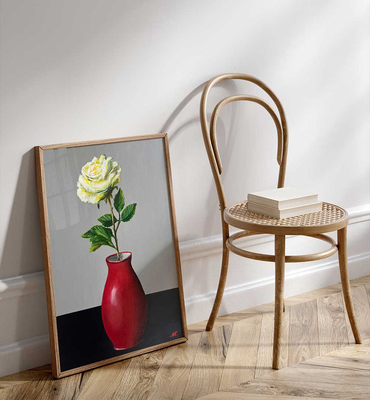 WHITE ROSE IN A RED VASE , FLORAL FLOWER PAINTINGS